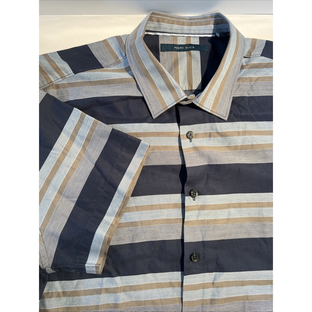 Perry Ellis Multi Stripe Button Up Short Sleeve Casual Men's sz XL , Xtra Large